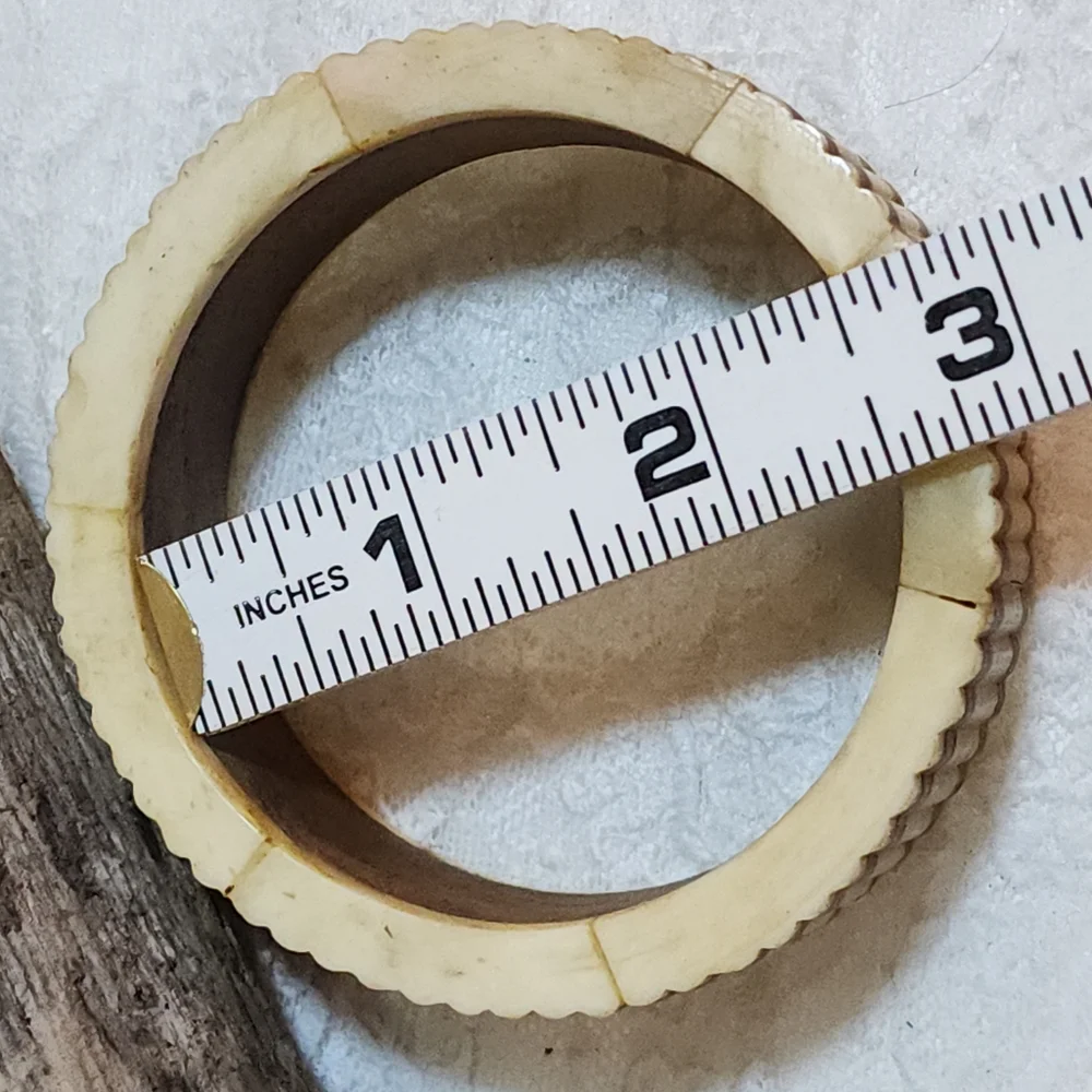Vintage Boho Faux Bone Resin With Wood Inlay Bangle Cuff Bracelet
